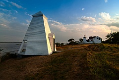 Fog Bell Tower with Fort Point Lighthouse Behind in Maine